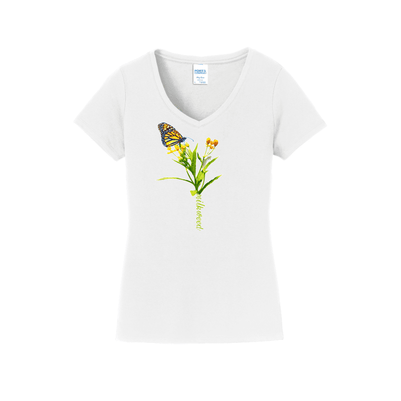 Monarch on Milkweed white V-neck butterfly tee