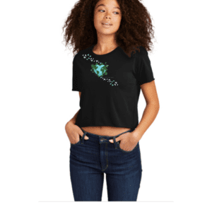 Earth Day 2023, butterflies on a heart world print on crop tee with model