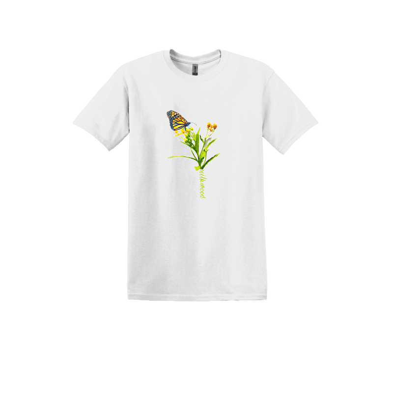 Monarch on milkweed white t-shirt