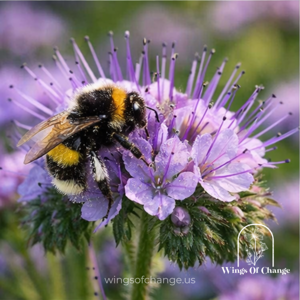 Native bumblebee pollinating a Lacy Phacelia flower, highlighting the plant’s value as an important pollinator resource.