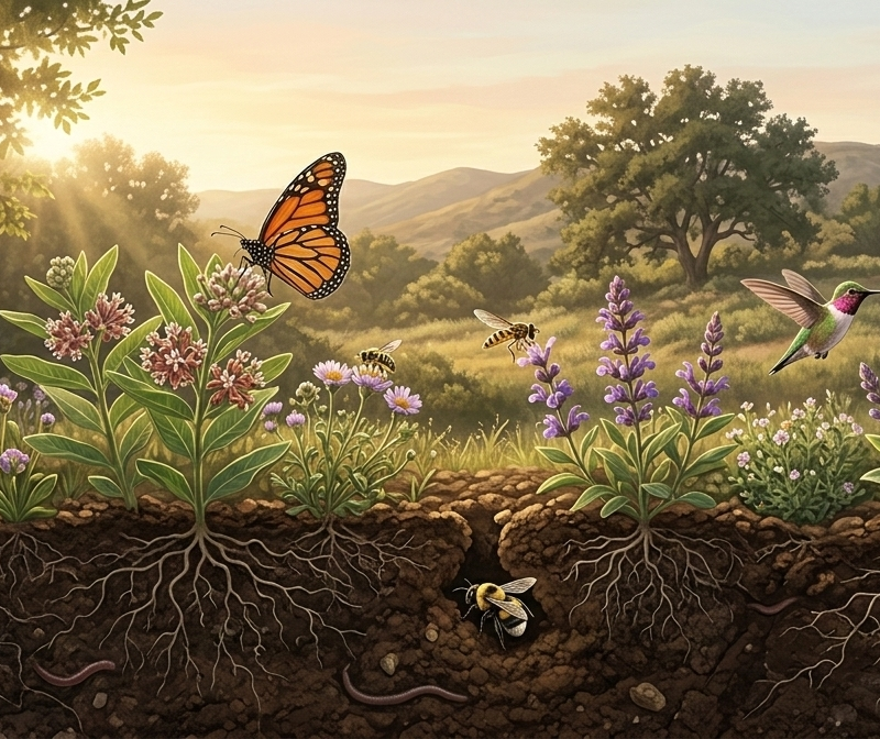 monarch butterfly habitat garden with underground soil life and native plant roots