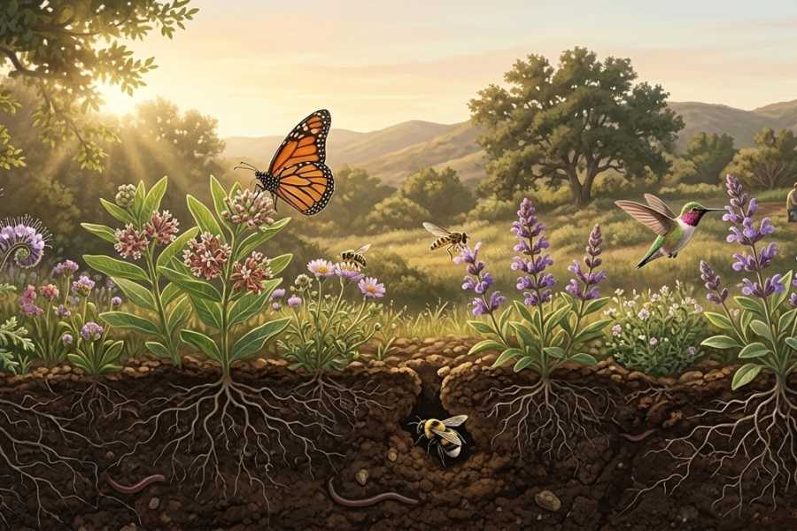 monarch butterfly habitat garden with underground soil life and native plant roots