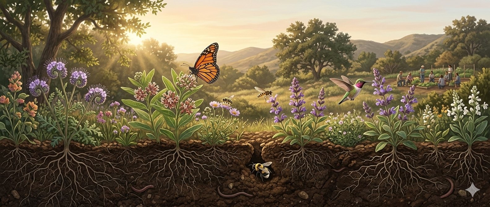 monarch butterfly habitat garden with underground soil life and native plant roots