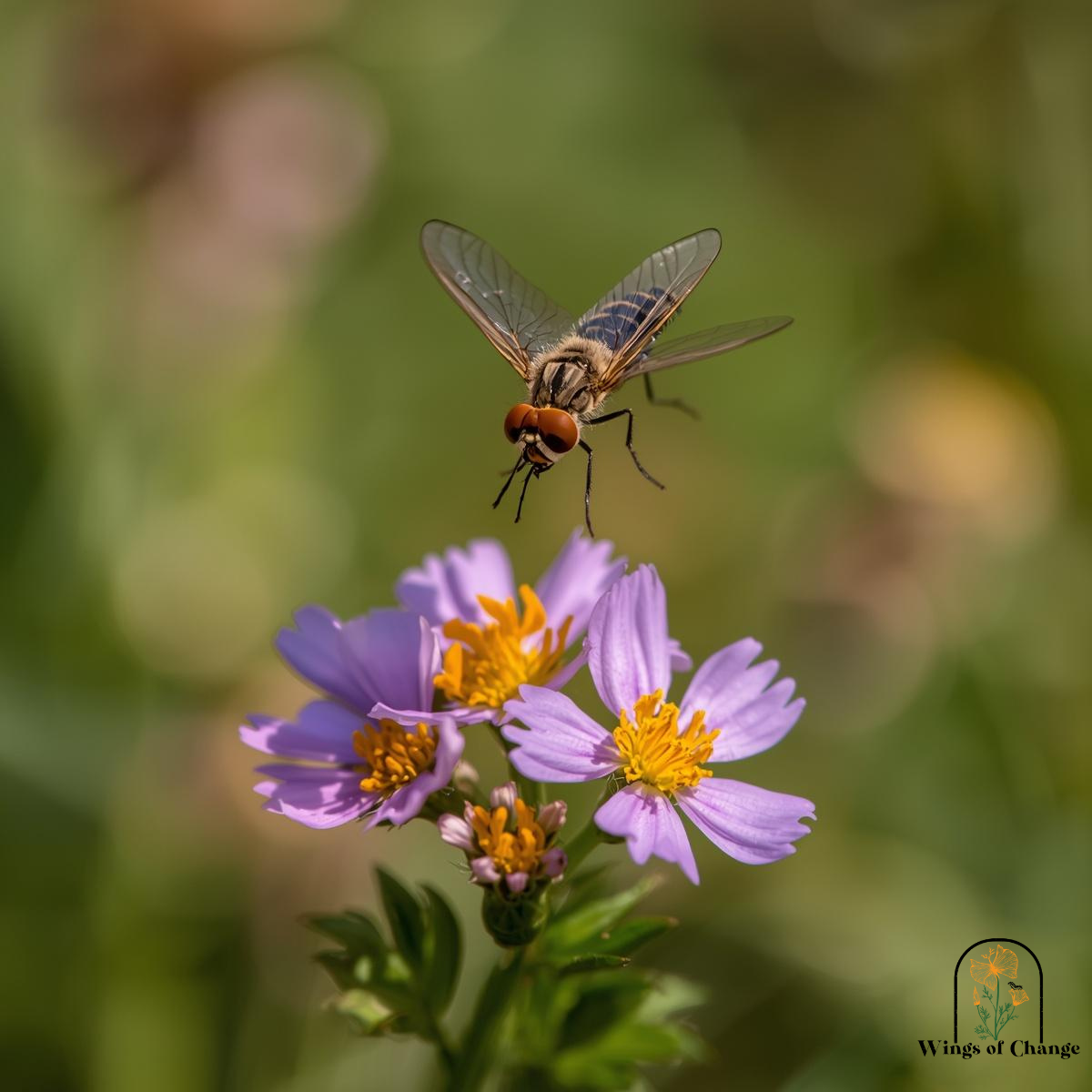 Common hoverfly pollinator feeding on garden flower