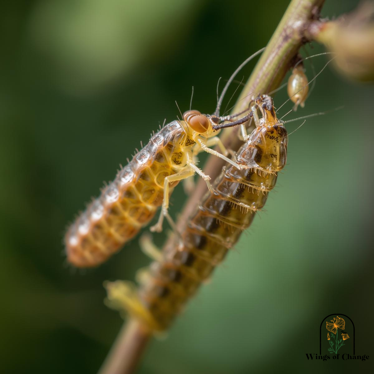 Common hoverfly pollinator larvae feeding on aphids for pest control