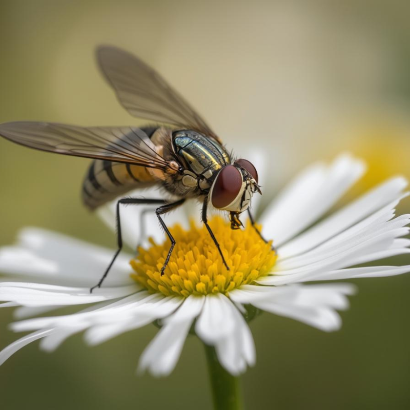 Common hoverfly pollinator on white flower collecting nectar