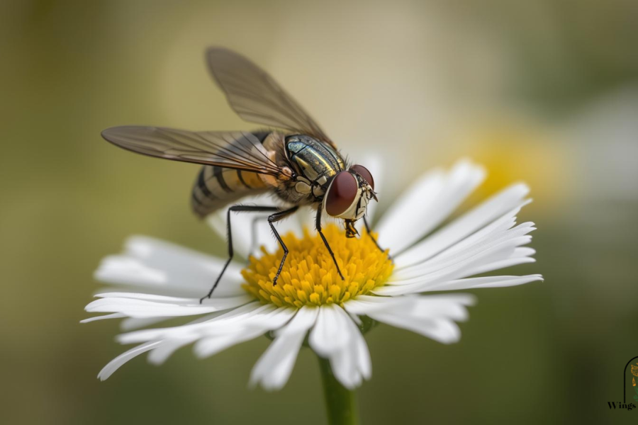 Common hoverfly pollinator on white flower collecting nectar