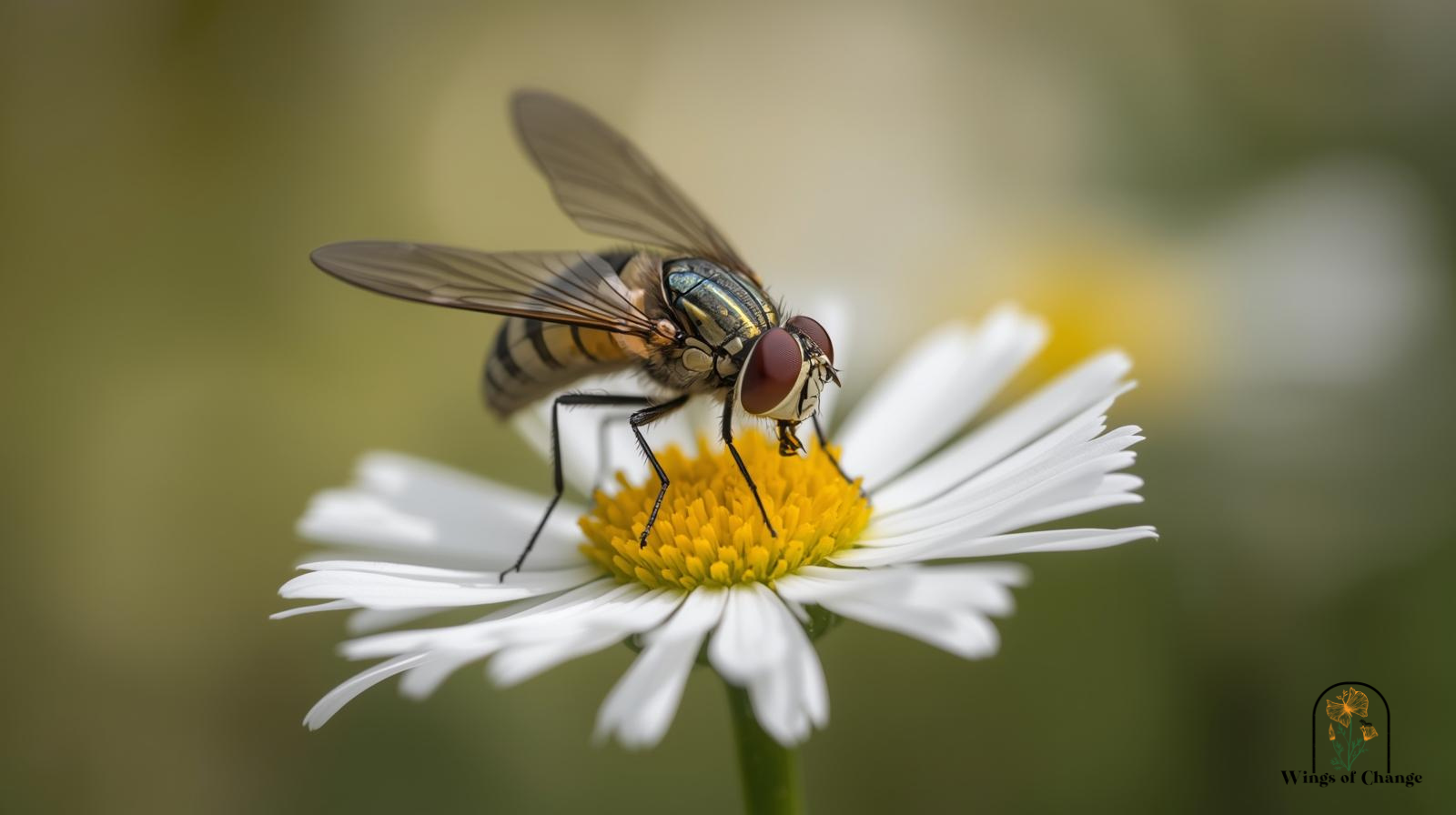 Common hoverfly pollinator on white flower collecting nectar