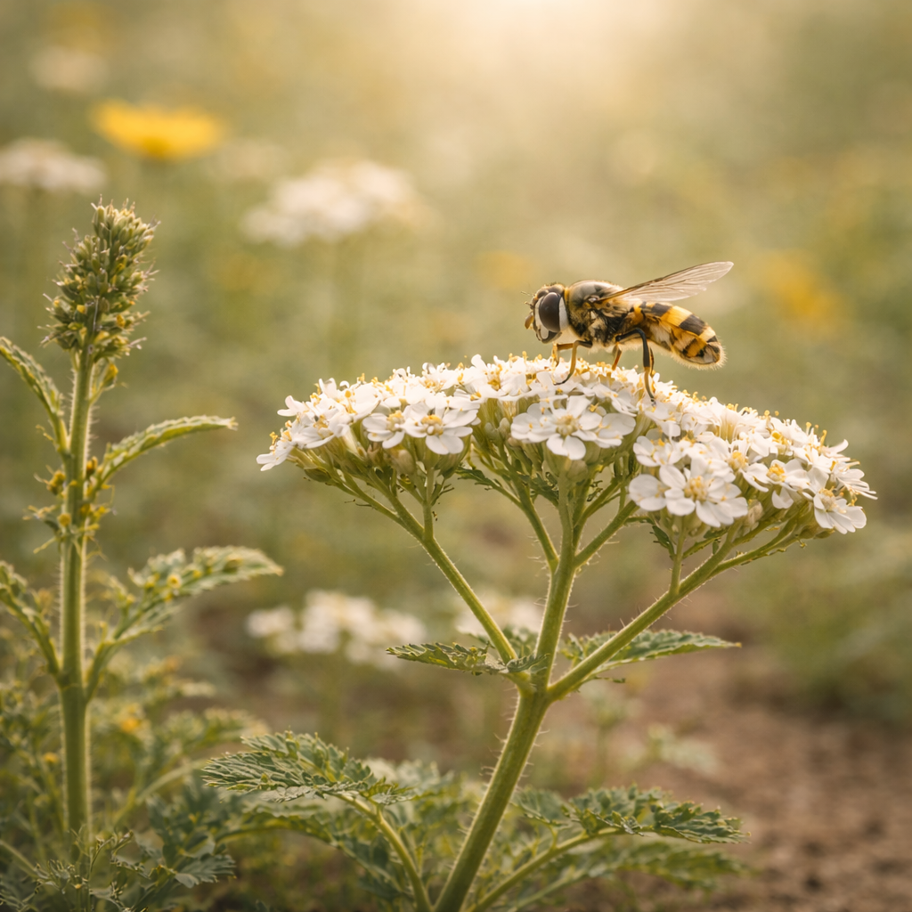 Pollinator visiting native yarrow flowers in habitat that supports western monarch butterflies
