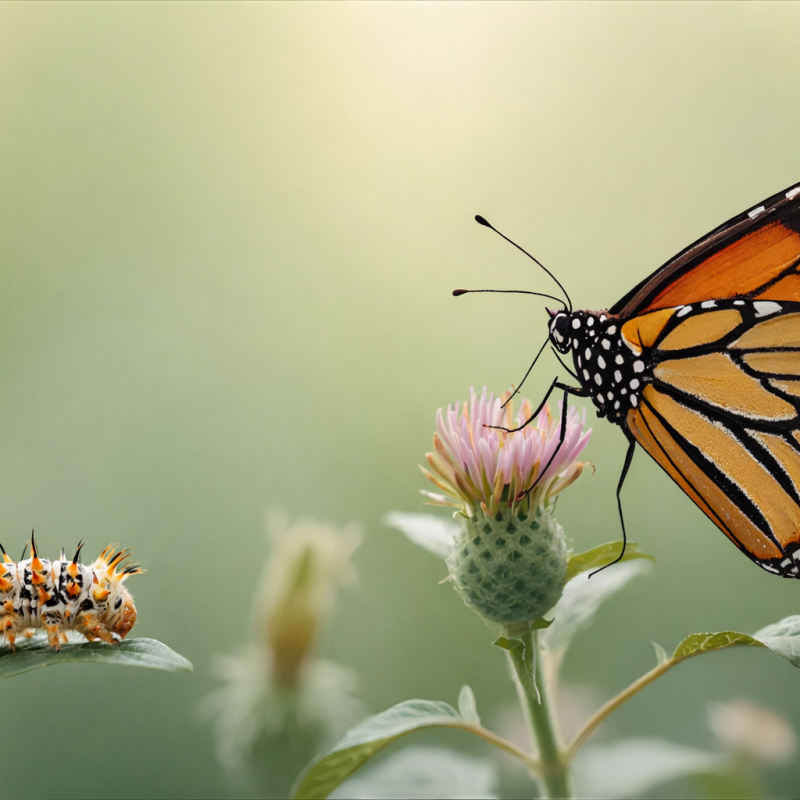 monarch butterfly feeding on thistle flower in a pollinator habitat garden
