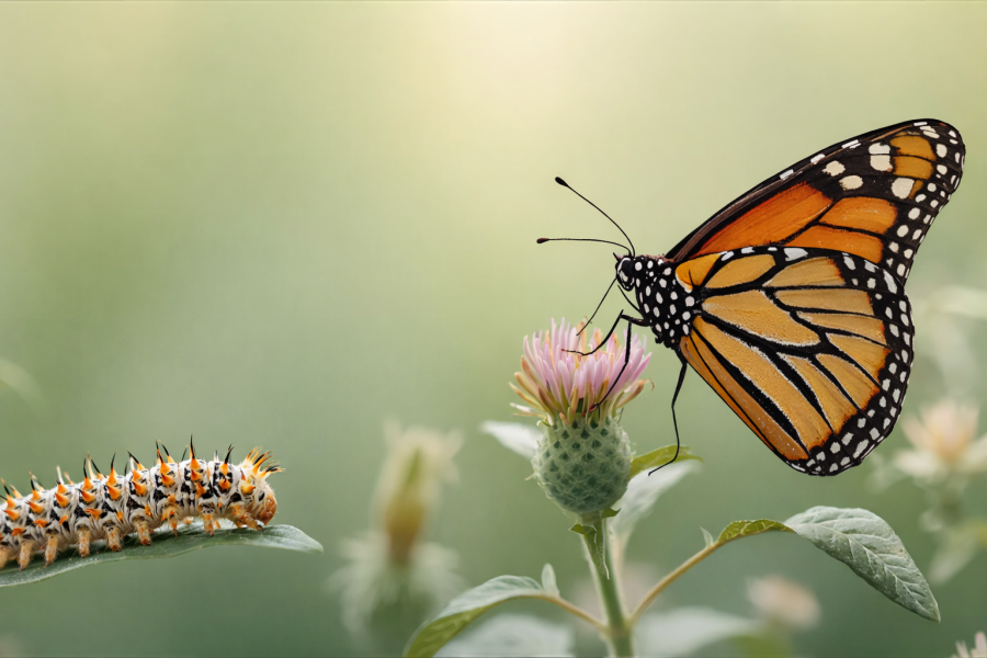 monarch butterfly feeding on thistle flower in a pollinator habitat garden