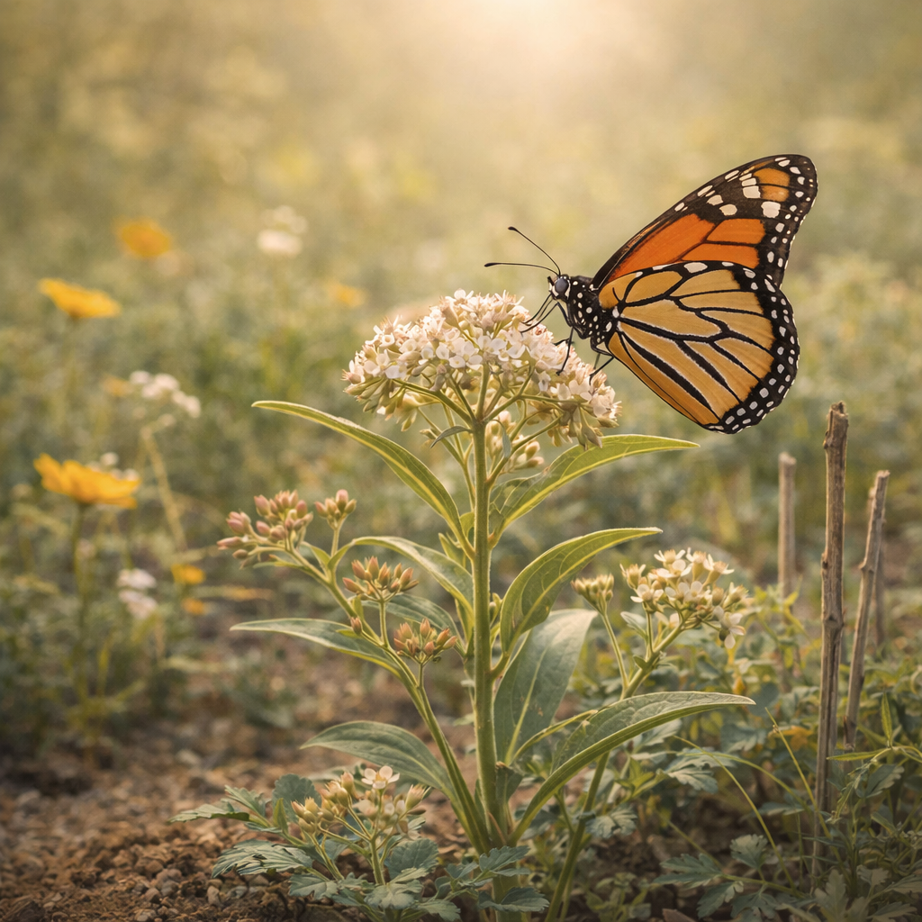 Western monarch butterfly feeding on narrowleaf milkweed flower in Southern California pollinator garden