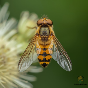 Close-up of common hoverfly pollinator with yellow and black stripes