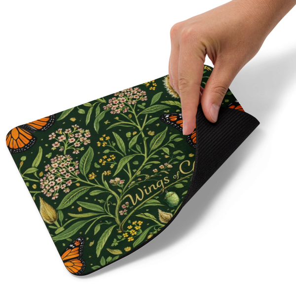 Monarch butterfly botanical mouse pad with floral design and Wings of Change text