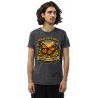 Male model wearing the Monarch Guardian charcoal acid wash tank, front view with relaxed California casual styling